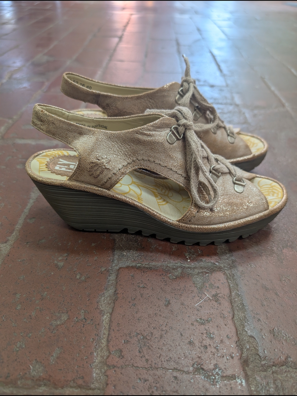 Fly London Metallic Taupe Lace-Up Wedge Sandals